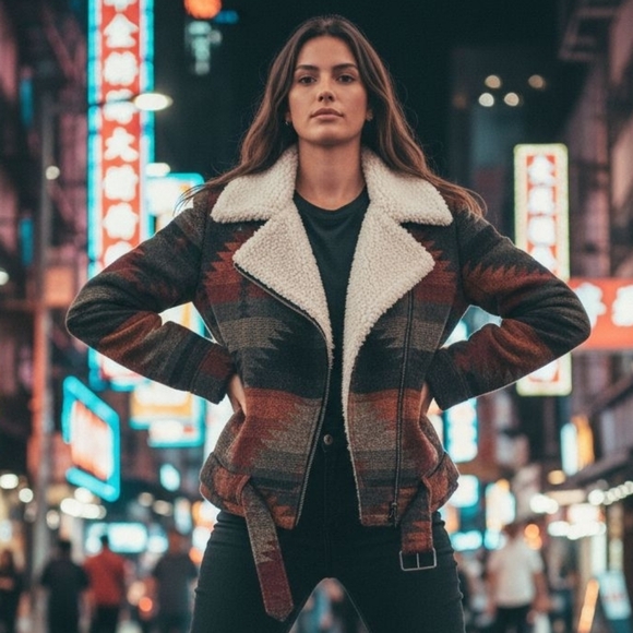 β¨οΈUNICORN! RARE! HTF! Free People Western Moto Sherpa Crop Zip Aztec Jacket - Picture 3 of 15